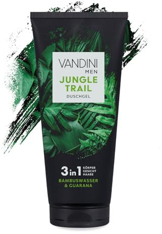 VANDINI Gel de ducha 3 en 1 para hombres Men Jungle Trail, 200 ml, con agua de bambú y cafeína, gel de ducha 3 en 1 para todos los tipos de piel, vegano, sin parabenos ni siliconas, fabricado en