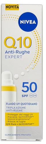 NIVEA Q10 Anti-Rughe Expert Fluido UV Quotidiano SPF 50 40 ml, Crema viso antirughe a tripla azione con protezione solare, Crema viso SPF 50 con Q10 Puro e Glycostop contro raggi UV e rughe