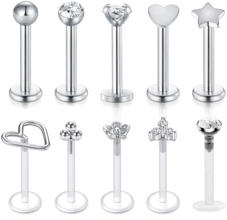 GUSXPPD 10 pièces Labret Levre Acier Inoxydable 16G Piercing Tragus Helix Labret Piercing Nez Stud Labret piercing Nez Studs lèvres Bijoux pour Hommes Femmes (6mm)