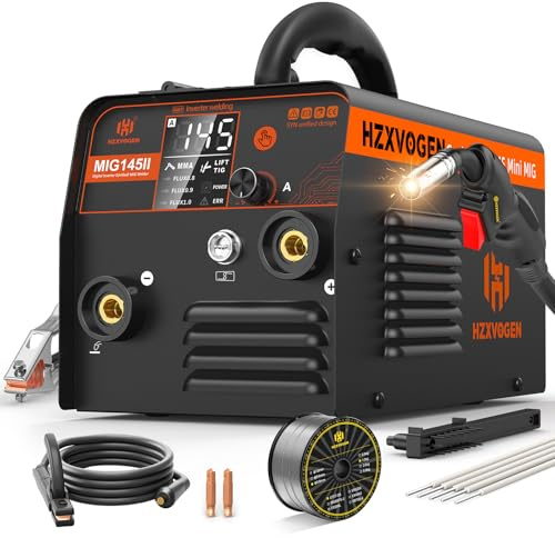 H HZXVOGEN MIG145II 145A Soldador de Hilo sin Gas, 3 en 1 MIG/ARC/Lift TIG, Avance Sincronizado, IGBT Inversor, Pantalla LED, Compacto para Principiantes y Aficionados