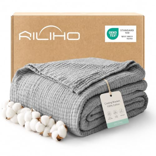 RILIHO musselindecke Adult 152 x 203, 100% Baumwolle, Sommer Decke, atmungsaktive Gaze-Decke alle Jahreszeiten, weich und leicht, Wohndecke Couch Decken, bettdecke, Mittelgrau