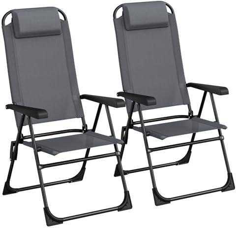 LIFERUN Set med 2 trädgårdsstolar, fällstolar, campingstolar med avtagbart nackstöd, med 5 justerbara ryggstöd, balkongstolar högt ryggstöd, utomhusstolar för trädgård, terrass, camping, grå, 2