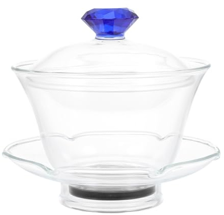 MAGICLULU Taza de Té de Vidrio Tipo Sopera Tapa Azul, Diseño Transparente y Elegante, Resistente al Calor para Aniversario y Cumpleaños