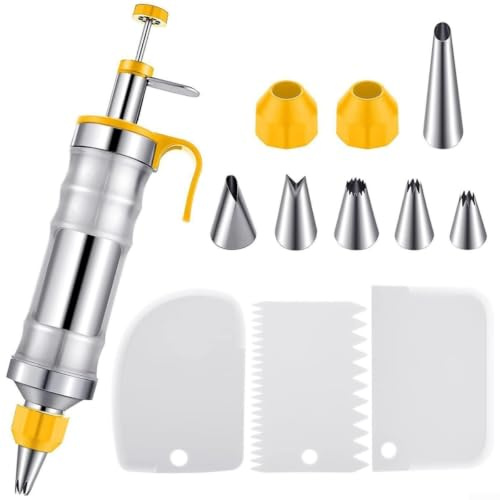 HomeVortex Set di decorazioni per dessert fai da te con macchina per la preparazione di churro, kit per glassa in acciaio inossidabile con 6 beccucci per gli appassionati di cottura (giallo)