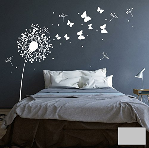 Wandtattoo Wandaufkleber Aufkleber Pusteblume mit süßen Schmetterlingen M1348 - ausgewählte Farbe: *Mittelgrau* ausgewählte Größe:*M 180cm breit x 160cm hoch