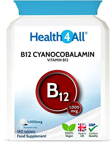 Health4All Vitamin B12 Cyanocobalamin 1000mcg 180 Tablets 6 Months Supply, High Strength Vitamin B12 Supplement, Contributes to The Reduction of Tiredness and Fatigue, Vegan & Gluten-Free | Made in UK