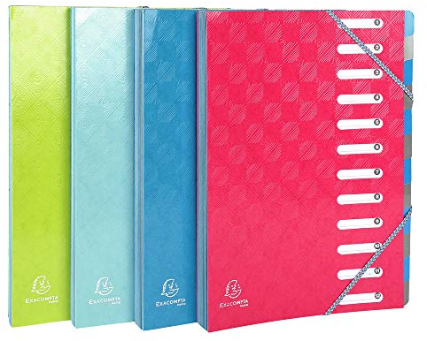 Exacompta 56220E Premium Ordnungsmappe 1928. Aus kaschiertem Colorspan-Karton DIN A4 12 vollfarbige Fächer mit dehnbarem Rücken und 2 Gummizügen Indexfenstern Register-Mappe 1 Stück Zufallsfarbe