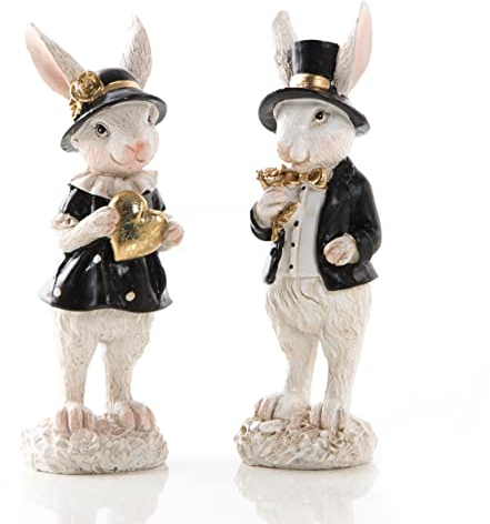 Set da 2 coniglietti pasquali decorativi nero e bianco in resina da 10 cm: coppia coniglio pasqua elegante con cuore e rosa dorata, decorazioni romantiche per tavola, torta o regalo primavera