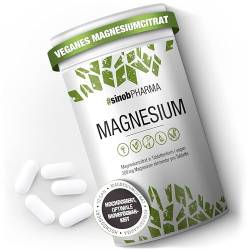 #sinob Magnesiumcitrat 200 mg 120 Tabletten | Veganes Magnesium | 200 mg elementares Magnesium hochdosiert | Vegan | 1 Tablette täglich