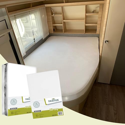 Dexitex - Spannbettlaken Wohnmobil 2er Set - 1 Spannbettlaken Weiß + 1 Molton matratzenschoner mit Ecke rechts(125-155cm x 200cm)- Französische Betten - für Wohnwagen Matratze - Oeko-TEX