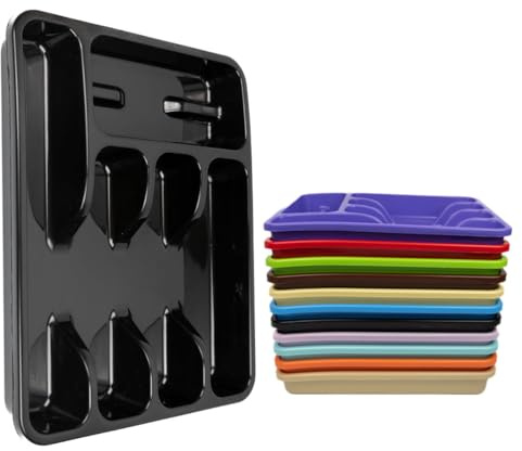 ECO Plastic Large Cutlery Drawer Organiser | 6 Compartment Cutlery Tray for Drawers | Multi Color Cutlery Trays for Kitchen Drawers | Kitchen Drawer Organiser for Forks, Spoons & Knives (Black)