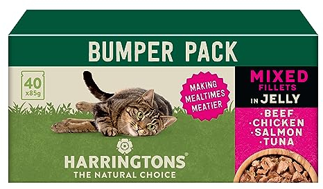 Harringtons Complete Wet Pouch Grain Free Hypoallergenic Adult Cat Food Mixed in Jelly Pack 40x85g - Beef, Chicken, Salmon & Tuna- Making Mealtimes Meatier