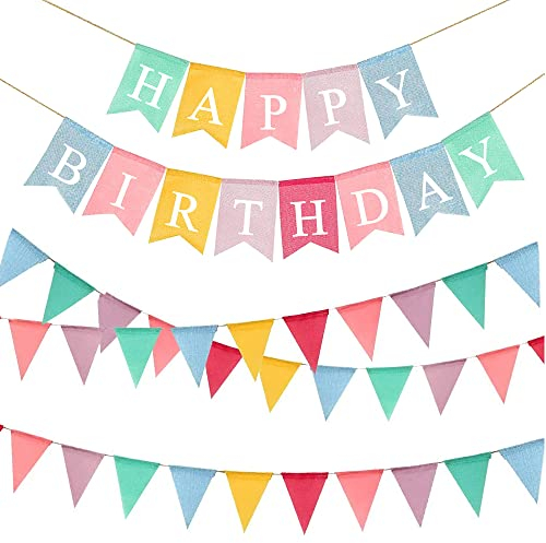 Happy Birthday Banner & 3 Stück Wimpelkette Banner, 12,9 m Stoff-Wimpelkette, bunt, wasserdicht, Wimpelkette, für den Innen- und Außenbereich, hängende Dekoration für Haus, Garten