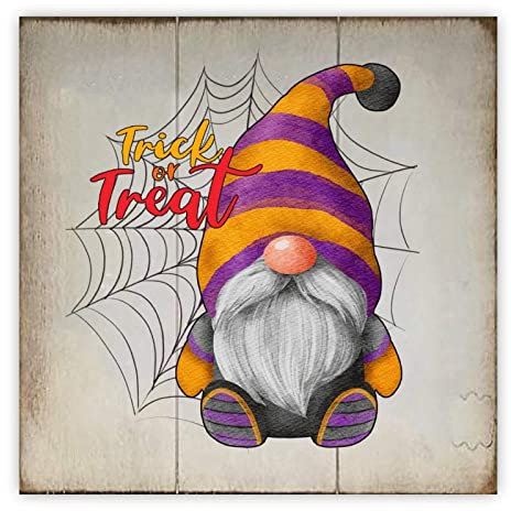 Holzschild Halloween Trick Or Treat Zwerg Holzschild Spinnennetz 30,5 x 30,5 cm gruselige Fledermäuse Bauernhausstil Wanddekoration moderne Bilder Hängeschild für Bauernhaus Hochzeit Jahrestag Zuhause