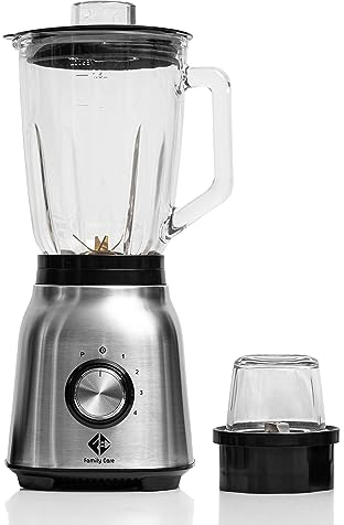 Family Care Batidora de Vaso, 1250 W, Licuadoras para Zumos y Batidos, 6 Cuchillas Titanium, Jarra Vidrio 1,5 L, 4 Velocidades + Turbo, Molinillo Café, Acero Inoxidable