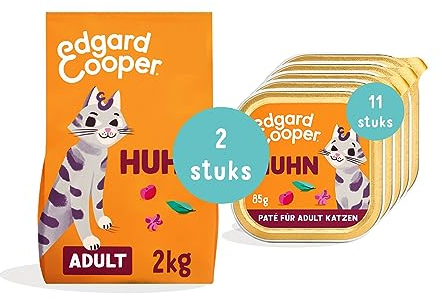 Edgard & Cooper Katzenfutter getreidefrei Trockenfutter hochwertiges Katzenfutter ohne Getreide Adult Huhn 2kg + Edgard & Cooper Stückchen in Soße Katzenfutter Huhn 85gx18
