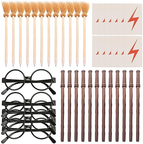 CEWROM Zauberstab Bleistifte Party Mitgebsel 48 Stück, Wizard Party Supplies, Zauberbrille Gläser mit Rundem Rahmen Blitz Tattoos für Magischem Thema Kostüm Party Karneval, Spielzeug ab14