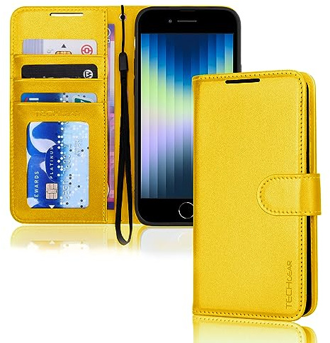 TECHGEAR hülle iPhone SE 2022 5G / 2020 Leder klappbar, PU Leder Flip Schutzhülle Ledertasche [Brieftasche] Handyhülle mit Ständer und Handschlaufe - Gelb Kompatible mit iPhone 8/7/6