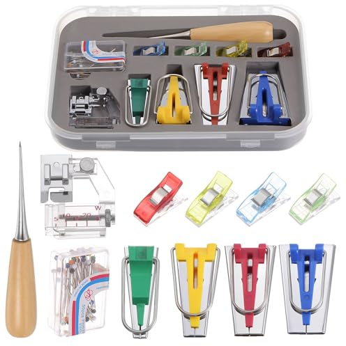uxcell Bias Tape Maker Kit 6mm 12mm 18mm 25mm Single Double Fold Fabric Bias Binding Maker Sew Tool with Positioning Pin, Quilt Awl, Presser Foot, Clips for Quilting Sewing Crafting DIY