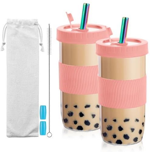 Dyserbuy 2 Stück Bubble Tea Becher, 730ml Wiederverwendbare Bubble Tea Set mit Strohhalm, Smoothie Becher Für Kaffee, Milchshakes, Getränke (Rosa)