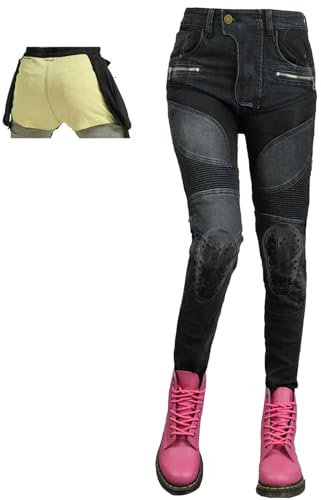 QIYUANT Motorradhose Damen Sommer Motorrad Jeans Atmungsaktiv Reiten Schutzhose Denim Reißfester Stretch Vintage Jeanshose Motorrad Bekleidung mit Verbesserter Rüstung Protektoren (Schwarz, S)