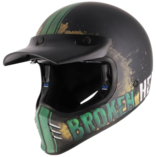 Broken Head Retro MX Helm Rusty Rider Grün Mit Sonnenblende - Vintage Look - Perfekt für Scrambler, Chopper, Bobber, Retrobike (XS (53-54 cm))