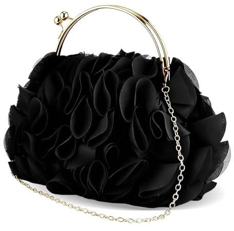 JAMBHALA Women Evening Clutch Bag Floral Satin Purses with Chain for Wedding, Party, Prom (Black)