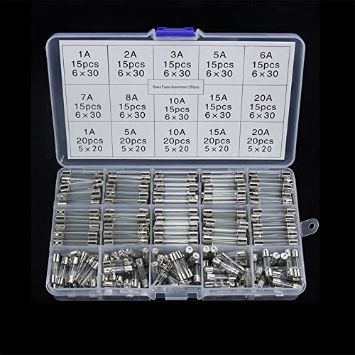 EMVIXTGLK Sicherung 5 x 20 mm, schnell geblasene Glasrohrsicherungen, sortierte Sets, schnell geblasene Glassicherungen Glas 82 Stück/100 Stück/250 Stück 1A-20A(250pcs Box)