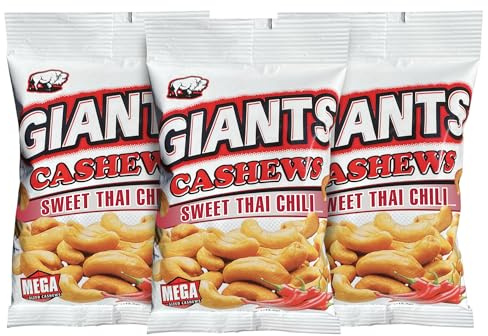 GIANTS Sweet Thai Chili Cashews - Spicy Cashews Roasted Lightly Salted, Cashews Individual Packs, Cashew Nut Snack Bags, Bulk Whole Cashews, Dry Roasted, Flavored - 4 oz Bags (Pack of 3)