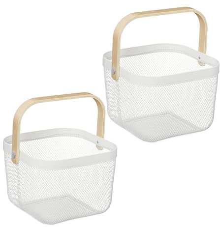 Relaxdays Drahtkorb mit Henkel, 2er Set, Metall, Bambus, HxBxT: 17,5 x 26 x 24,5 cm, eckiger Aufbewahrungskorb, weiß