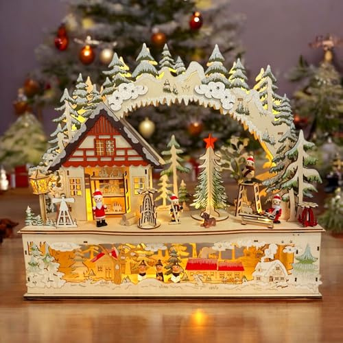 Wichtelstube-Kollektion XL LED Schwibbogen Wichtelwerkstatt Lichterbogen Weihnachten Echtholz beidseitig bemalt Schwippbogen mit Podest