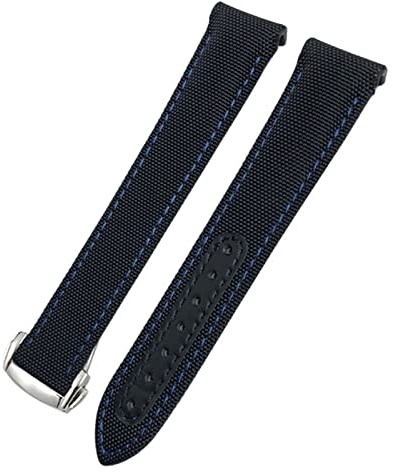 NFRFK 19 mm 20 mm 21 mm Canvas-Leder-Armband für Omega Seamaster 300 Speedmaster AT150 Planet Ocean Nylon-Uhrenarmband(Black Blue,22mm)