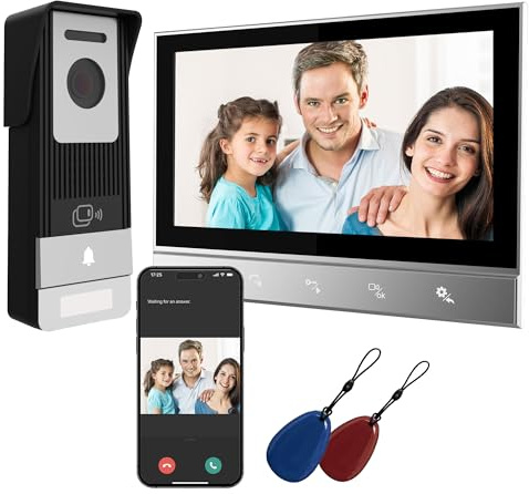 VEGATON 4-Draht Video Türsprechanlage mit Kamera, 7 Innenmonitor, 1080P Nachtsicht, Gegensprechanlage mit APP & RFID Entsperrung, Bewegungserkennung, IP65 wasserdicht, Videowiedergabe, BLANC430