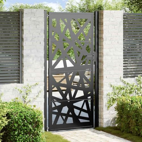 Homgoday Garden Gate, Steel Light Design Black 105x205 cm, Full Privacy Metal Safety Outdoor for Garden or Patio