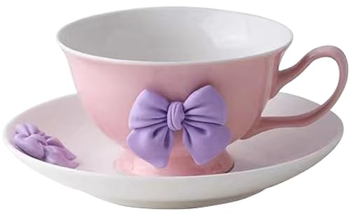 Disoza 200 ml kaffekoppsset med underfat Porslin Kaffe Te Kopp Rosa Lila rosett kaffemugg Keramikmugg med rosett och handtag Söt mugg