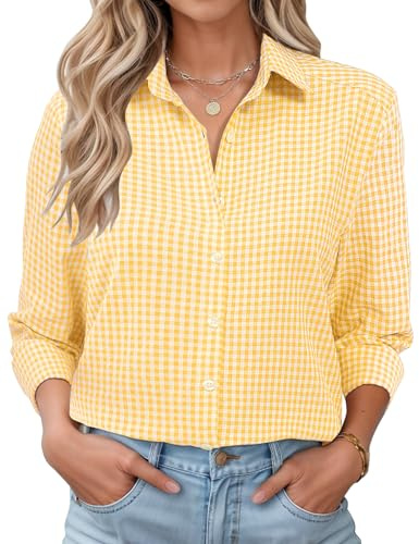 LOMON Women Wrinkle Free Blouse Elegant Checked Blouse Travel Tops Comfy Western Gingham Shirt Yellow and White Plaid L