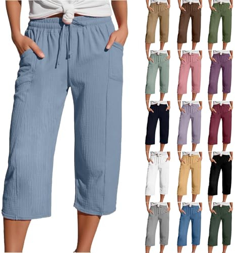 Yolimok Womens Cropped Trousers Elasticated High Waist Relax Fit Cotton Linen Ladies 3/4 Length Straight Wide Leg Trousers Casual Everyday Soft Lightweight Plain Three Quarter Pants