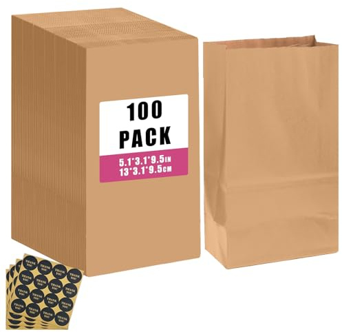 Gcardist 100 stycken bruna behandla papperspåsar med 100 klistermärken 13 x 8 x 9,4 cm kraft liten fest gåva väska mellanmål väska utan handtag