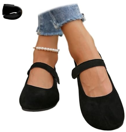 Ballerines orthopédiques Mary Jane en daim pour femme confortables à enfiler à bout rond, large largeur, bout fermé, chaussures plates avec sangle, Noir , 43 EU