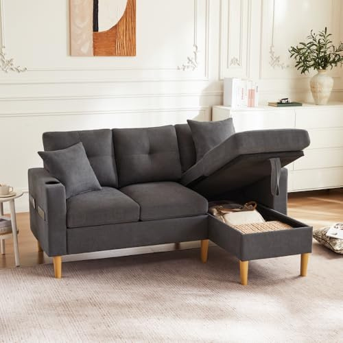 Wyibwy Sofá moderno de 3 plazas con chaise longue y almacenamiento, sofá esquinero en forma de L con portavasos integrado, sofá modular en forma de L con 2 cojines, algodón y lino, para salón y