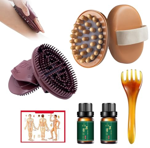 4 Pieces of Massage Brush for Belly, Body Massage Brush,with 2*Essential Oils + Acupoint Map for Relaxing The Whole Body and Relieving Muscle Fatigue