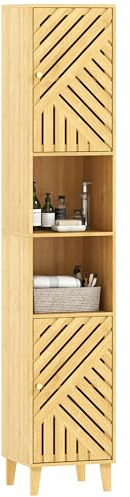 HOMCOM Mobile Bagno Alto a Colonna con Ante in Bambù, 2 Ripiani Aperti, 2 Armadietti, Mobiletto Bagno Salvaspazio con Ripiani Regolabili per Sala da Pranzo Salotto Soggiorno, 32x30x170 cm, Color Legno