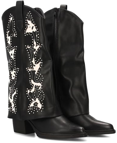 95288 Bota Cowboy para Mujer con Estampados de Animal Print y Tachuelas Diseno Llamativo y Elegante. Ideal Otono Invierno. Negro Talla 41
