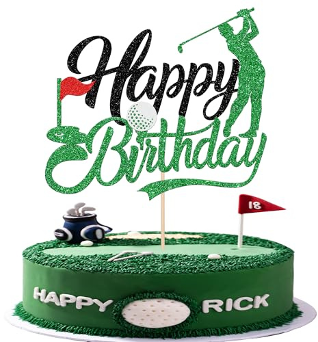 1 Pack Golf Happy Birthday Cake Topper Glitter Golf Cake Topper Golf Ball Player Cake Pick Decoration for Sports Theme Baby Shower Boys Men Players Birthday Party Cake Decorations Supplies (Color-03)