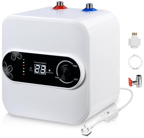 Worshow 10L Point of Use Water Heater, 1500W Under Sink Water Heater with Digital Display, Top Outlet Mini Storage Water Heater, IPX4 Small Hot Water Tank for Kitchen, Campervan, Bathroom, UK Plug
