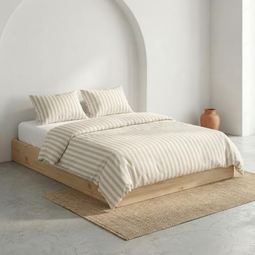GAMUSI Juego Funda nórdica Cama 90 100% algodón - Funda Almohada 45x110 cm, Estampado Rayas Color Beige
