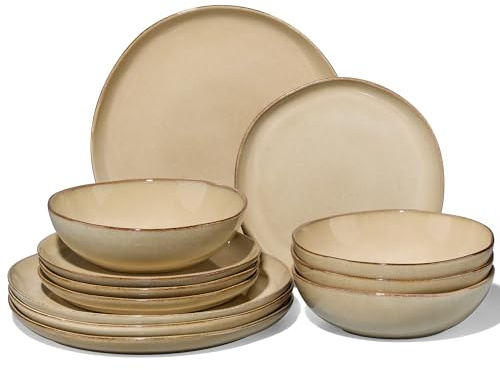 Joyfair 12 Pcs Stoneware Dinner Set Service for 4, Snady Khaki