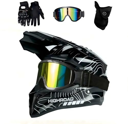 DriveNova Casque Intégral de Motocross et VTT, Casque Tout-Terrain pour Adultes avec Lunettes, Masque et Gants, Casque de Moto Downhill Intégral ATV (Blanc, S-M)