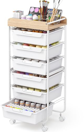 SYKIARIOL 6-Drawer Storage Cart, White | Mobile Rolling Cart, with Handles, for Office/School/Bedroom/Craft Room
