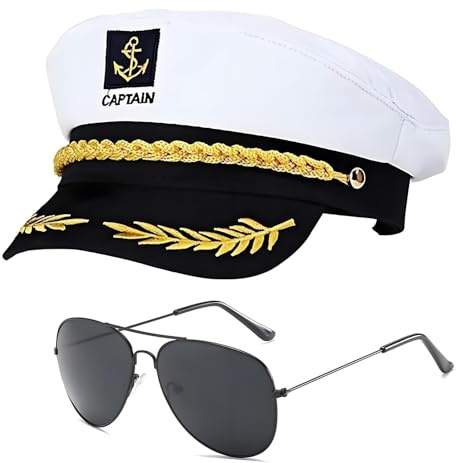 Kapitänsmütze für Erwachsene und Sonnenbrille Verstellbare Matrosenmütze | Yacht Matrosenmütze Schiff Seemannsmütze Seemann Karneval Yacht Schiff Boot Marine Mütze Für Damen, Männer,Weiß